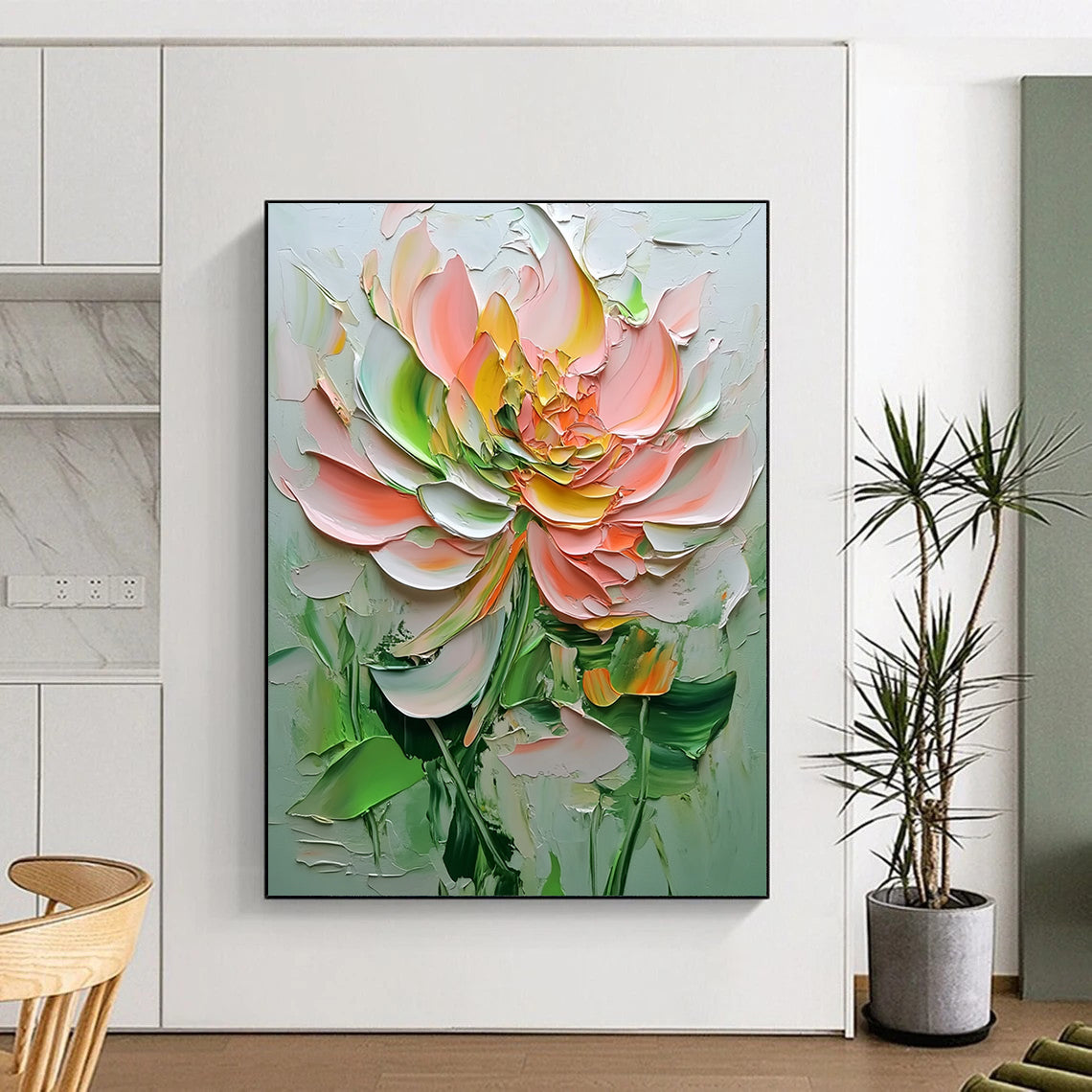 Contemporary abstract painting showcases textured flowers in pink and green hues against a white background, highlighting delicate details and depth. DLZ1667