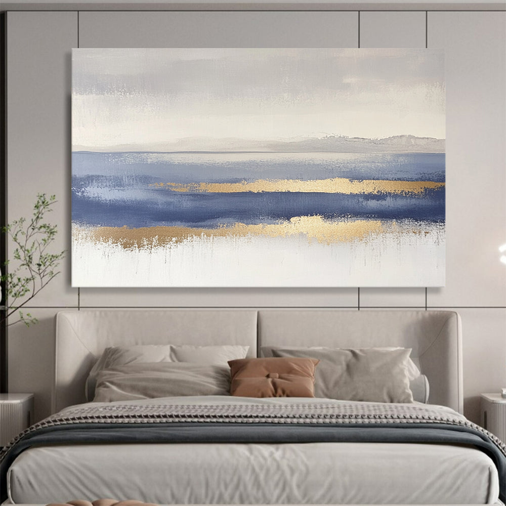 “Gray - Blue Abstract Horizon with Gold Accents” - Gray, Blue, Gold, Subtle Horizon Lines Painting On Canvas HB0853