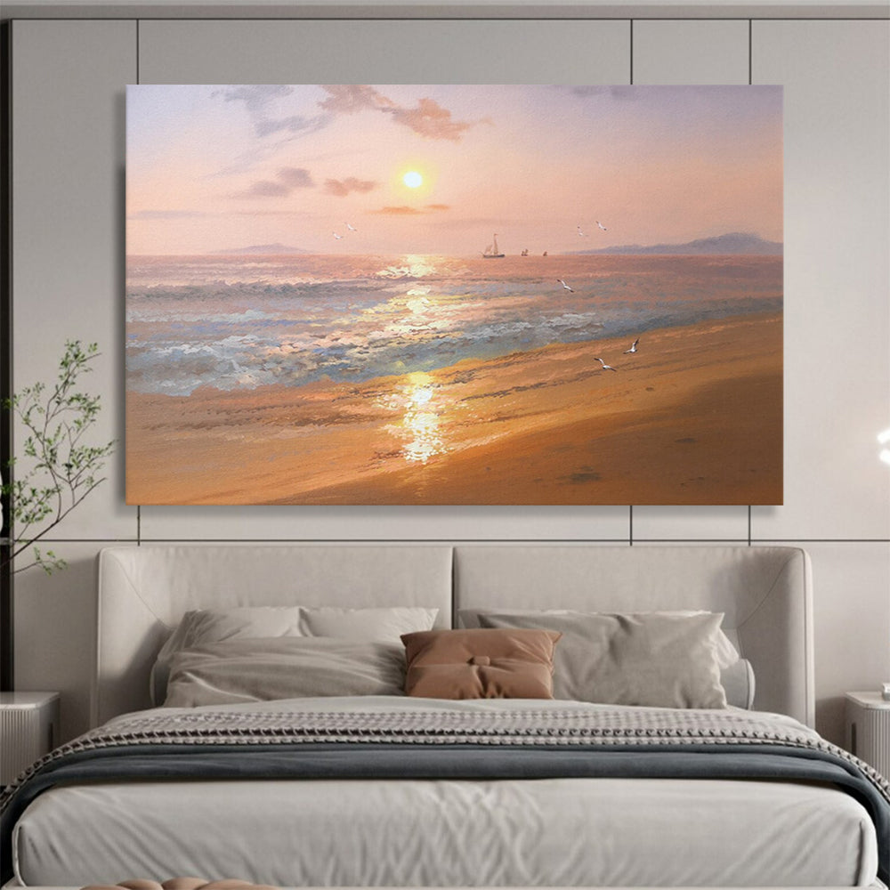 Sunset Beach with Sailboats & Seagulls - Idyllic Living Room or Bedroom Art DLZ269