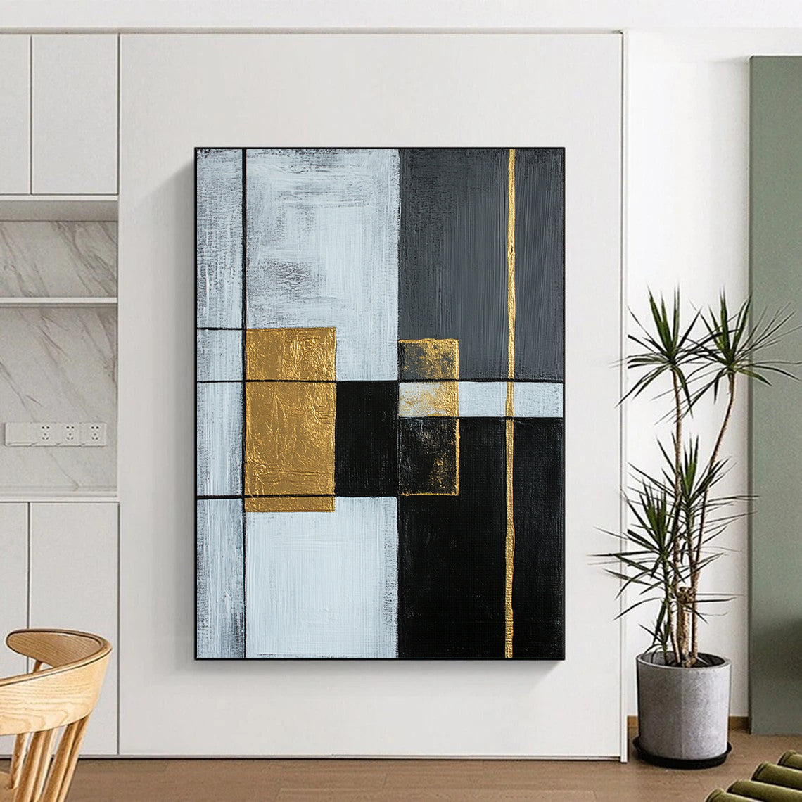 Gray, White, Gold, Black, Geometric Squares "Gilded Intersection" Abstract Modernist Painting On Canvas HB149