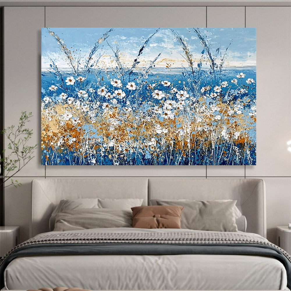 “Blue Wildflower Field with White Daisies” - Blue, White, Yellow, Orange, Floral Landscape Painting On Canvas HB0828