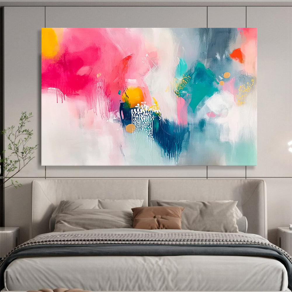 “Vibrant Pink Teal Abstract” - Pink, Teal, Yellow, White, Colorful Forms - Painting On Canvas HB1419