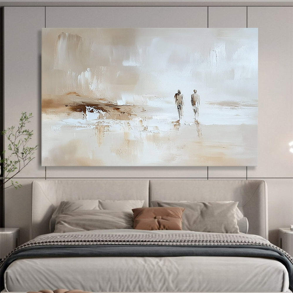 “Beach Stroll in Neutral Tones” - Beige, white, brown; Two figures walking on an abstract beach; Impasto Oil Painting On Canvas HB1196