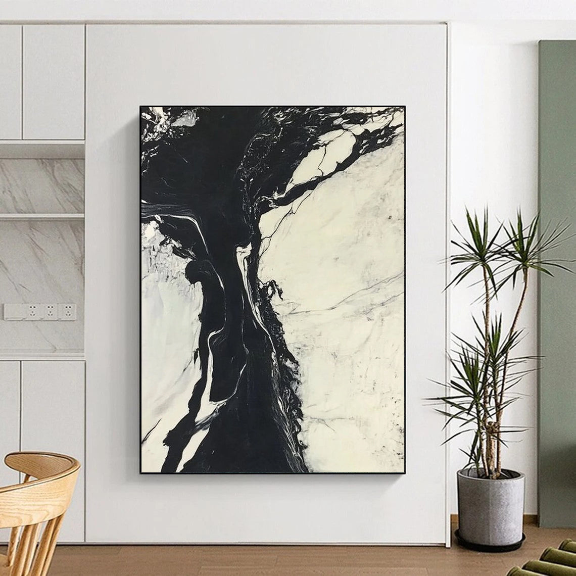 Contemporary abstract art features striking black and white marble ink merging with a cool river amidst snow-covered landscapes creating dynamic contrasts. DLZ1545