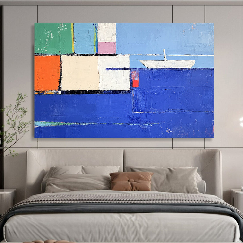“Colorful Coastal Cubes” - Blue, Green, Orange, Pink, Abstract Cubist Coastal Painting On Canvas HB1075