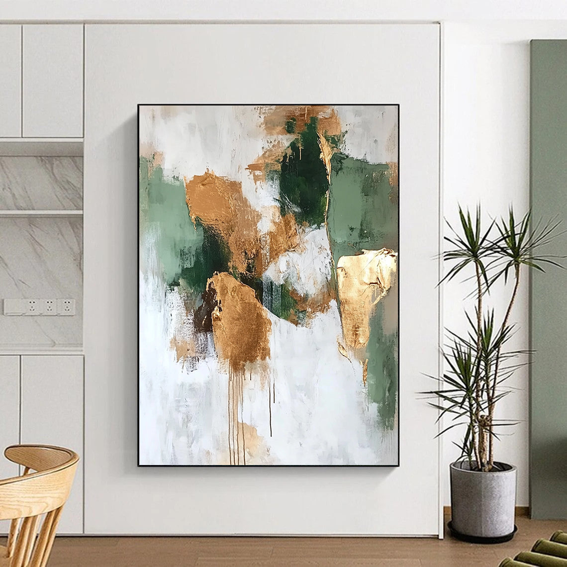 Contemporary abstract artwork features neutral greens and browns with gold foil accents on a white background, perfect for modern decor. DLZ0681
