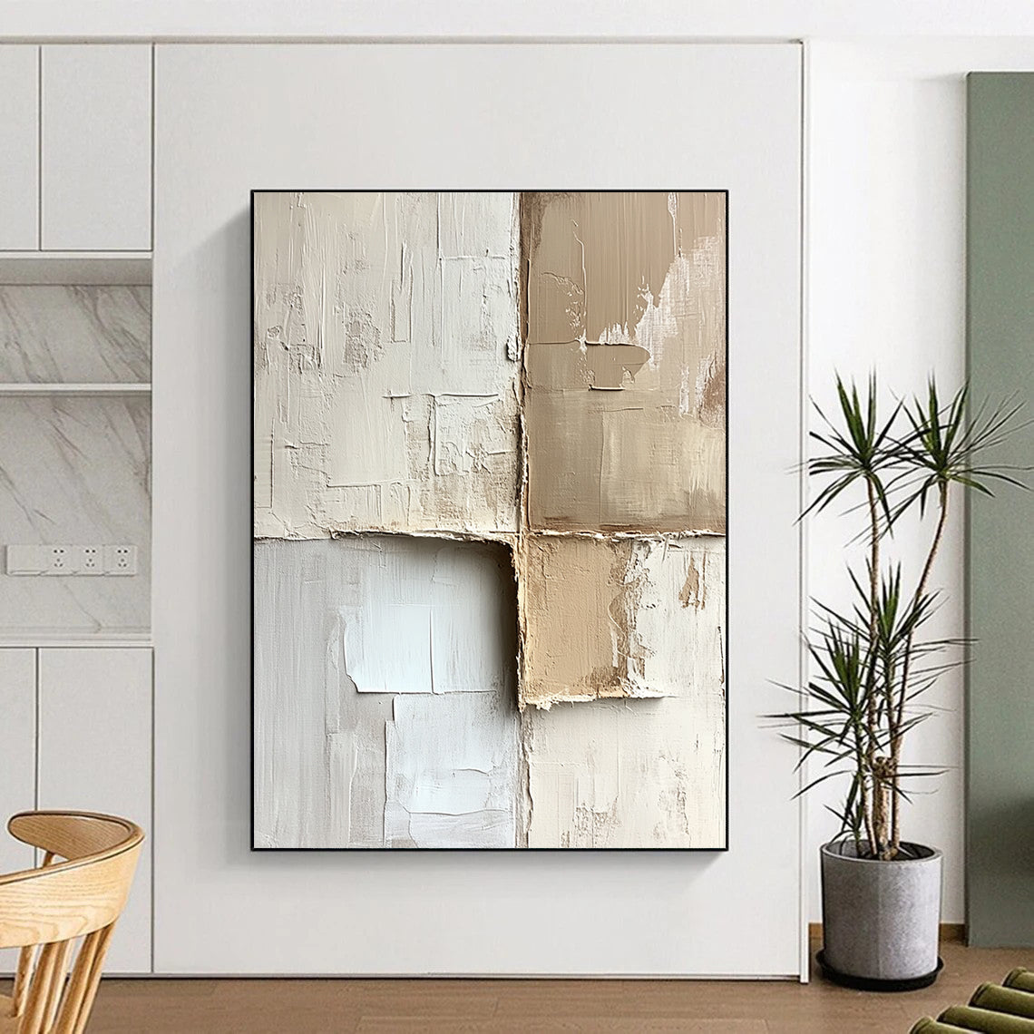 Contemporary hand-painted abstract artwork with textured beige and white blocks showcasing minimalism and neutral tones on canvas. DLZ0286