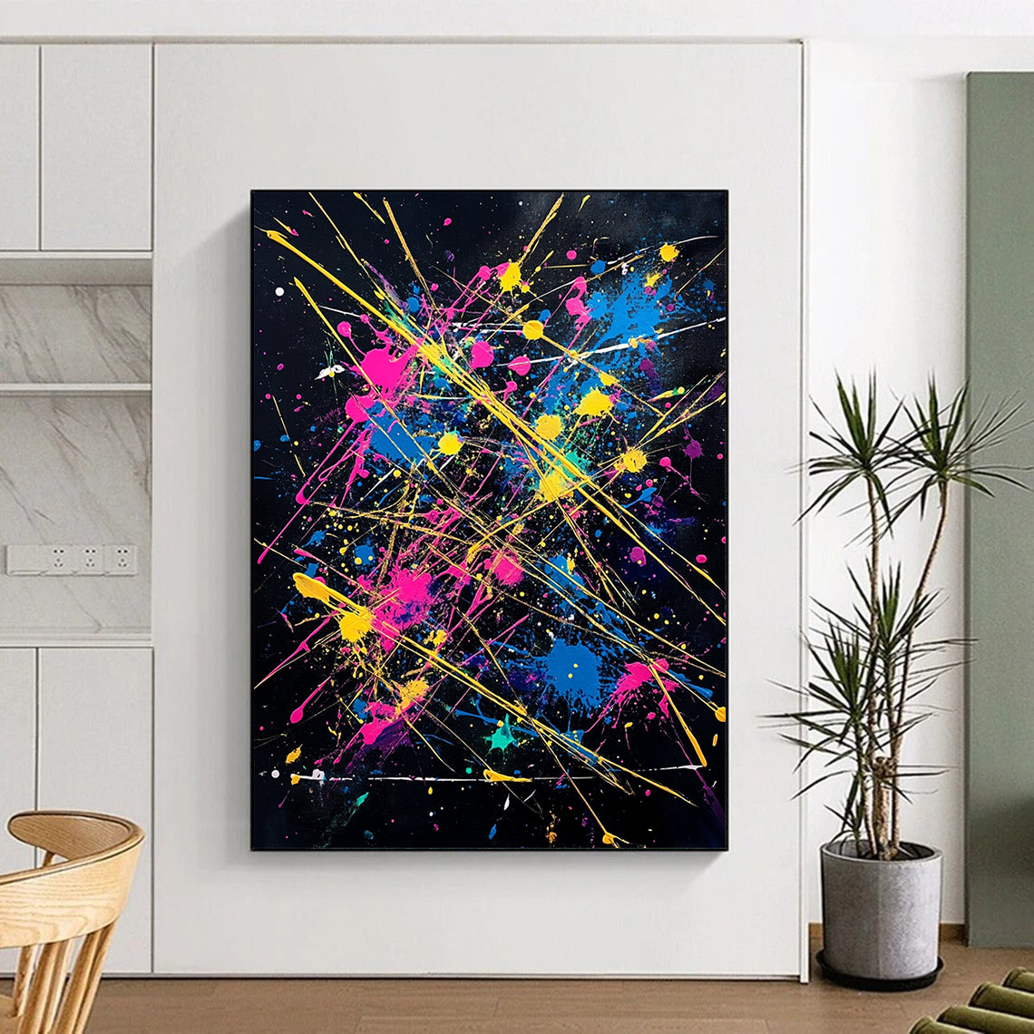 Black, Colorful Splashes, Yellow Lines "Fiesta Explosion" Abstract Painting On Canvas HB029