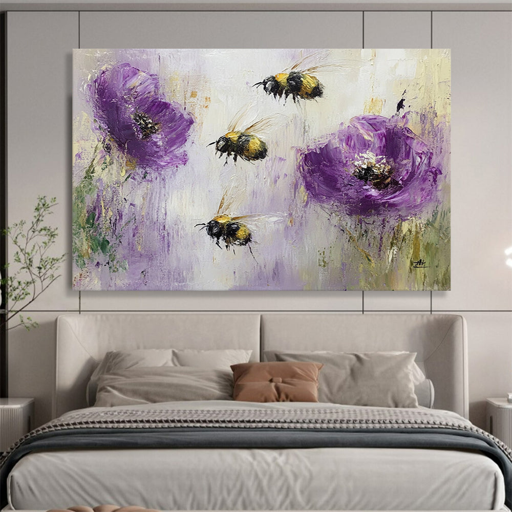 “Buzzing Bees and Purple Poppies” - Purples, Yellows, Blacks, Nature Scene - Textured Oil Painting HB1564