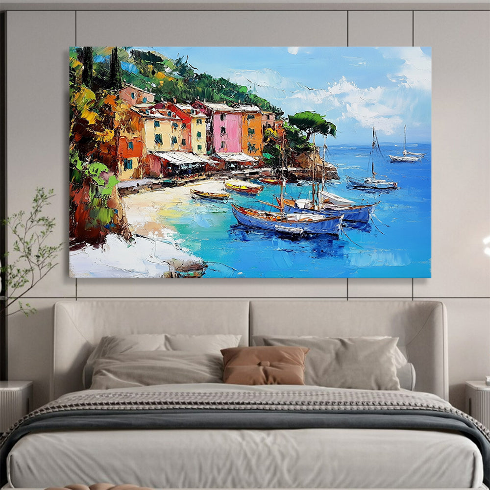 “Coastal Village Charm” - Vibrant Colors, Mediterranean Village by the Sea - Impasto Oil Painting HB1746