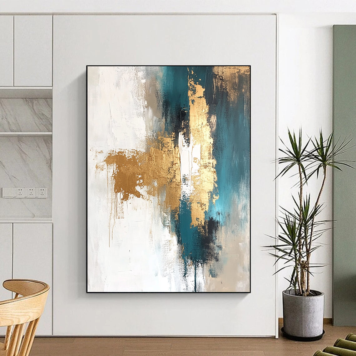 Contemporary hand-painted abstract artwork featuring gold leaf with white teal beige and brown tones and elegant gold foil accents. DLZ0743