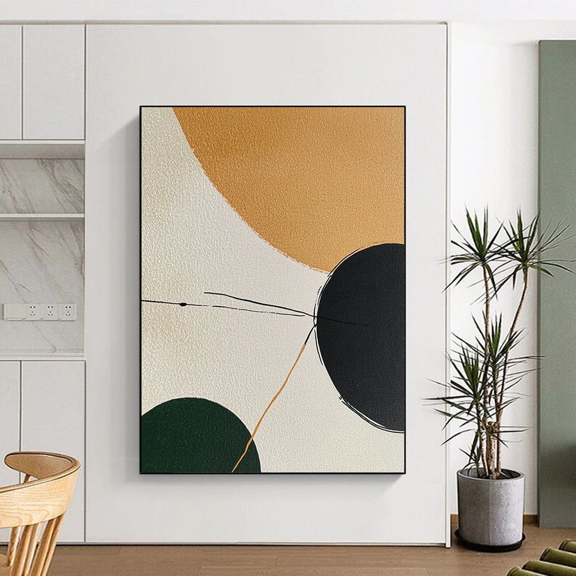 Contemporary hand-painted abstract art featuring minimalistic shapes in earthy tones with a calming palette and elegant black lines connecting forms. DLZ1191