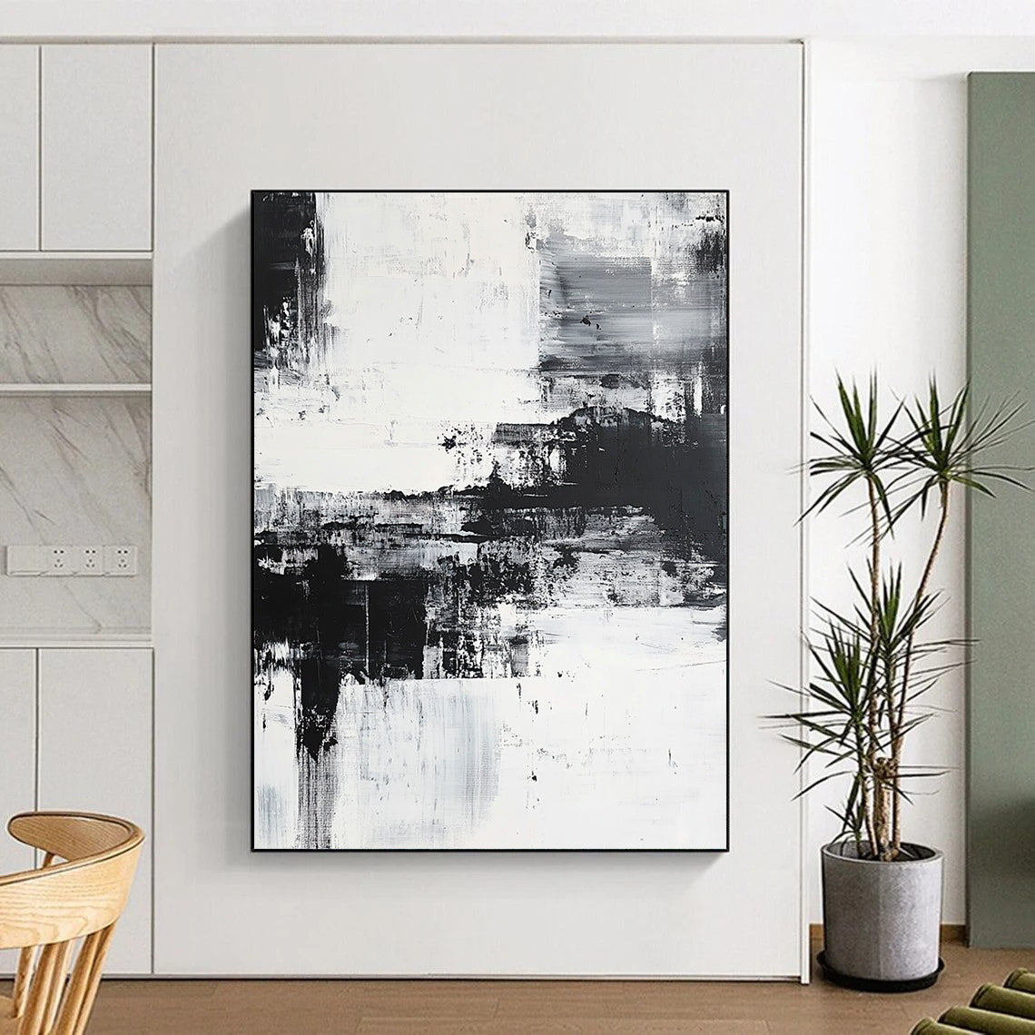 Large contemporary hand-painted abstract artwork featuring a coastal landscape with brush strokes and layers, emphasizing emotional depth in a serene monochromatic palette. DLZ0302