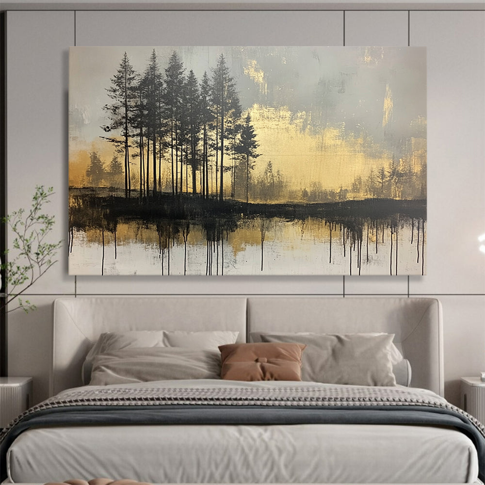 “Golden Forest Reflection” - Black, Gold, Gray, Silhouetted Trees and Reflective Water Painting On Canvas HB0948