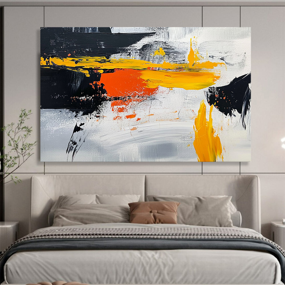 “Vibrant Yellow - Orange - Black Abstract” - Yellow, Orange, Black, Gray, White, Bold Strokes Painting On Canvas HB0812
