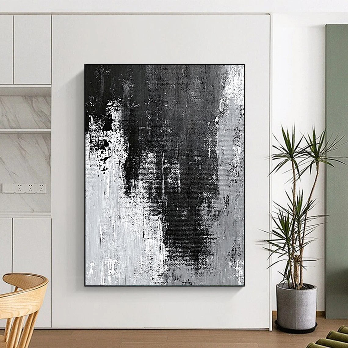 Contemporary hand-painted abstract artwork showcasing intricate gray and black textures with white wall effects and dynamic paint streaks and splashes. DLZ0395