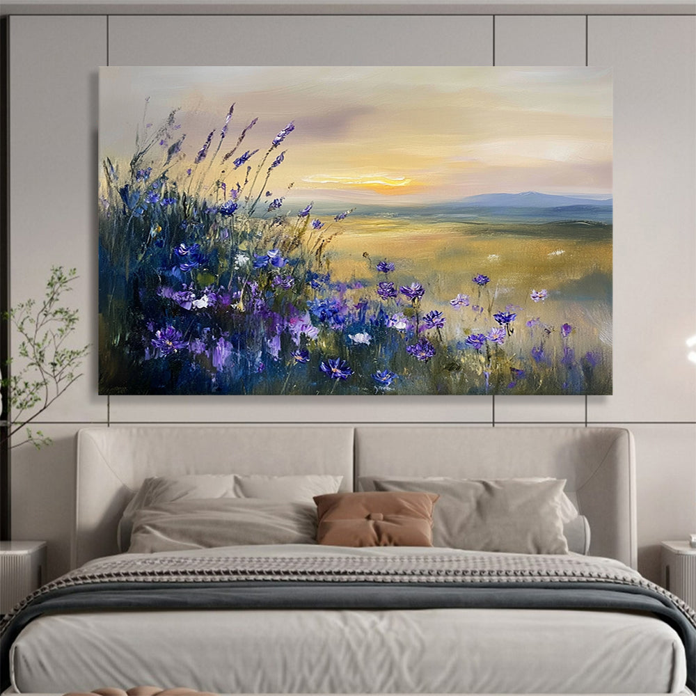 “Purple Wildflower Sunset” - Purple, Yellow, Blue, Wildflowers and Sunset Landscape Painting On Canvas HB0946
