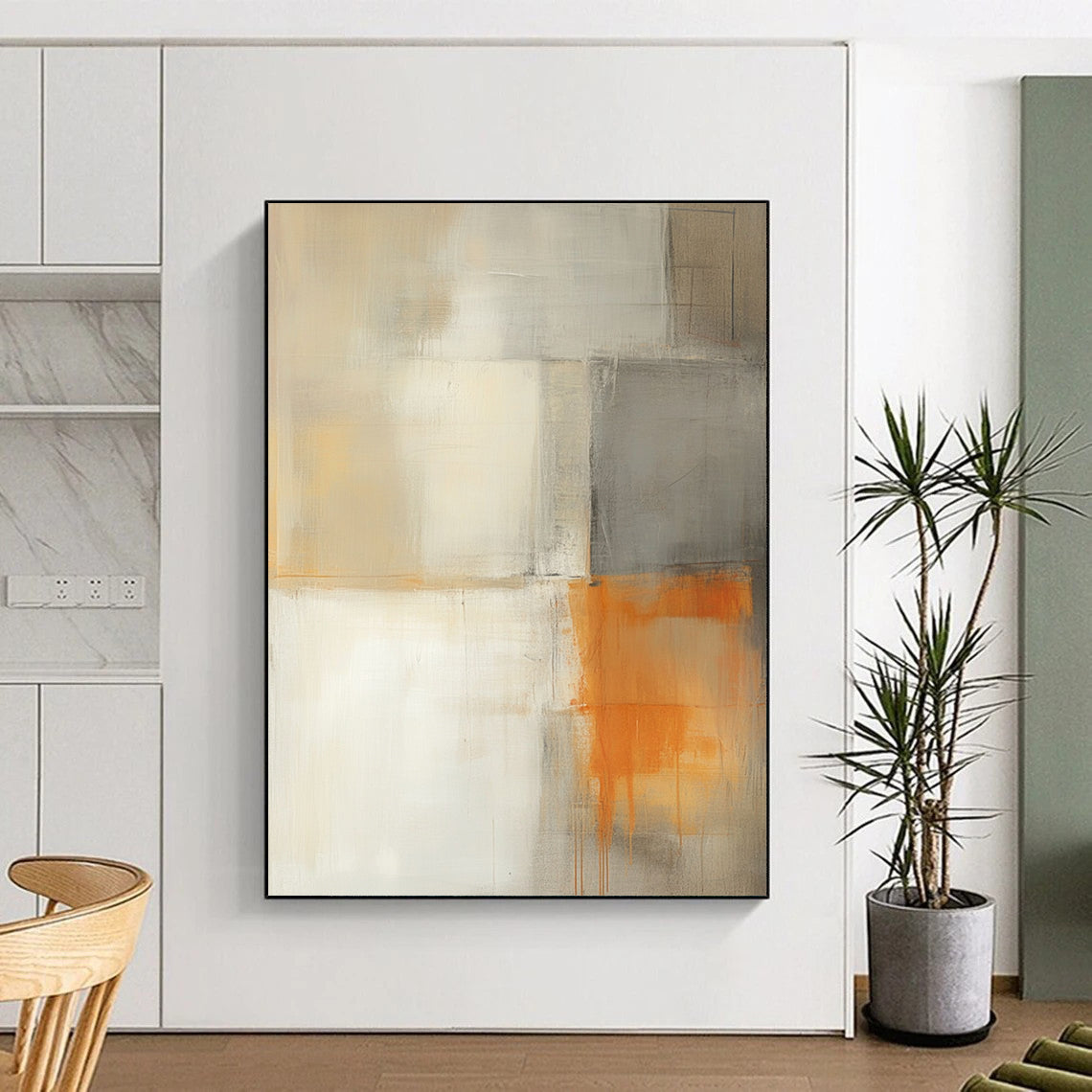 Contemporary hand-painted abstract artwork featuring light gray white and orange hues with a minimalistic building and soft shadows for a tranquil atmosphere. DLZ0986