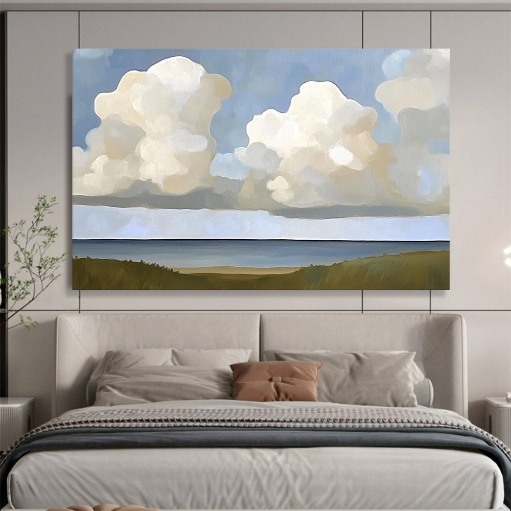 “Cloudy Coastal View” - Blues, Whites, Greens, Clouds Over the Sea with Grasslands - Minimalist Acrylic Painting HB1708