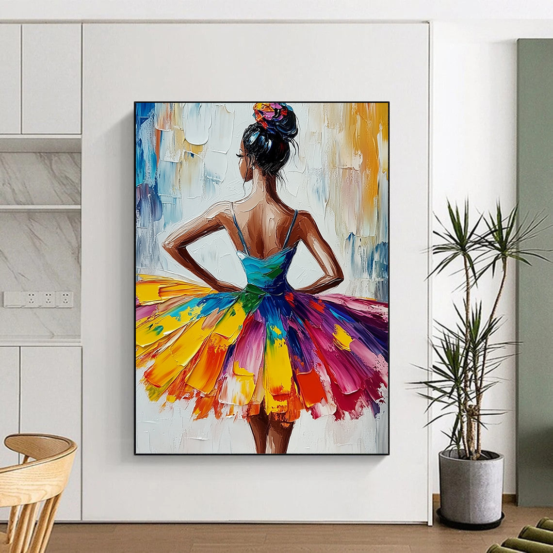 Vibrant contemporary abstract art featuring an African American ballerina in a colorful tutu with expressive brushstrokes on a textured white canvas. DLZ1118