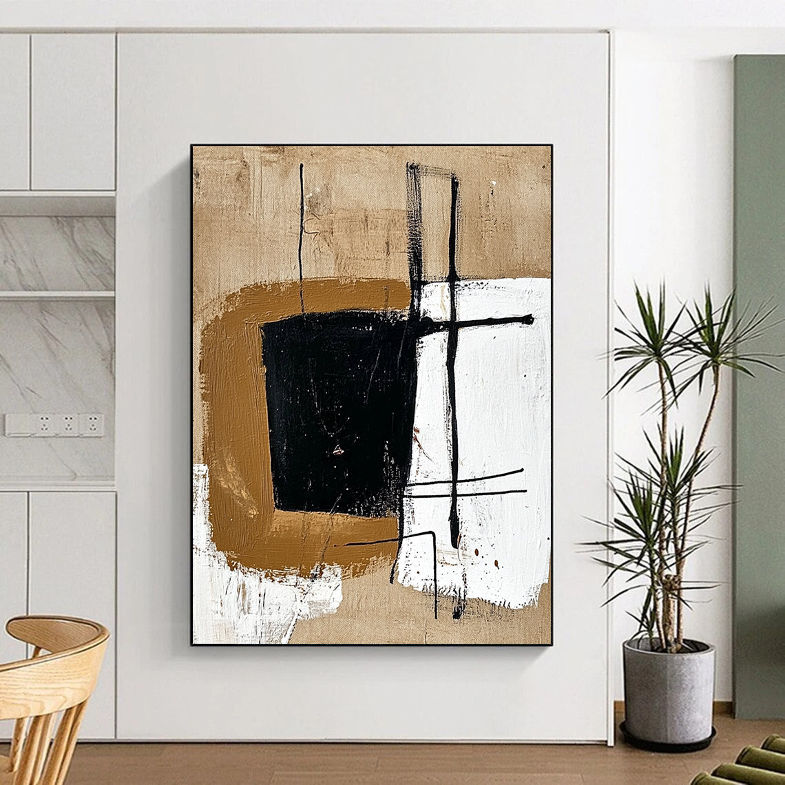 Contemporary abstract painting featuring a brown shape with black lines on beige, enhanced by brown and white geometric forms for a minimalistic touch. DLZ1160