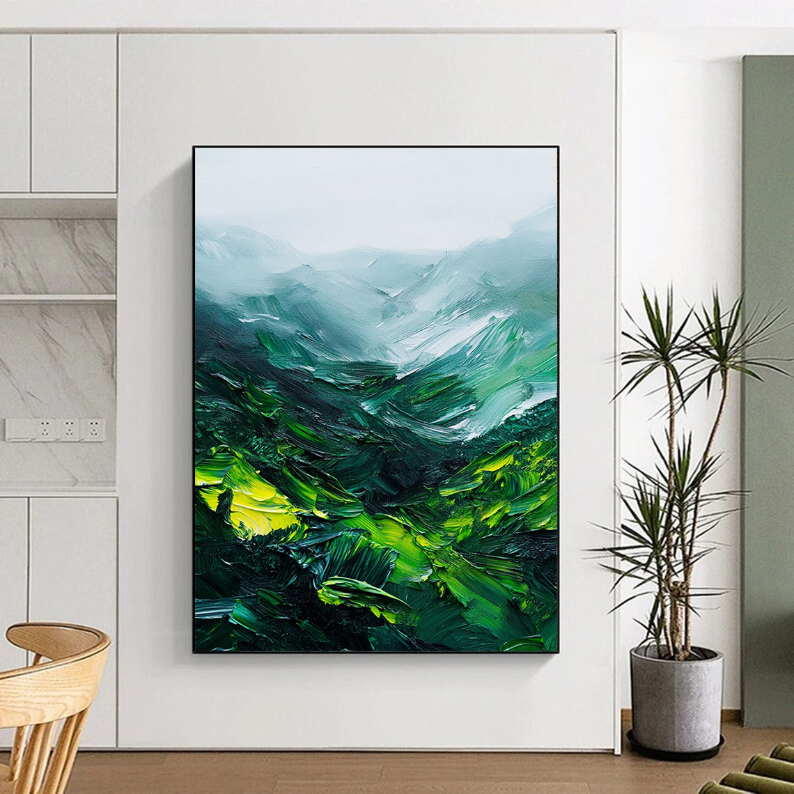 Contemporary abstract painting showcasing thick green mountains with rich brushstrokes and a misty atmosphere on white background. DLZ0623