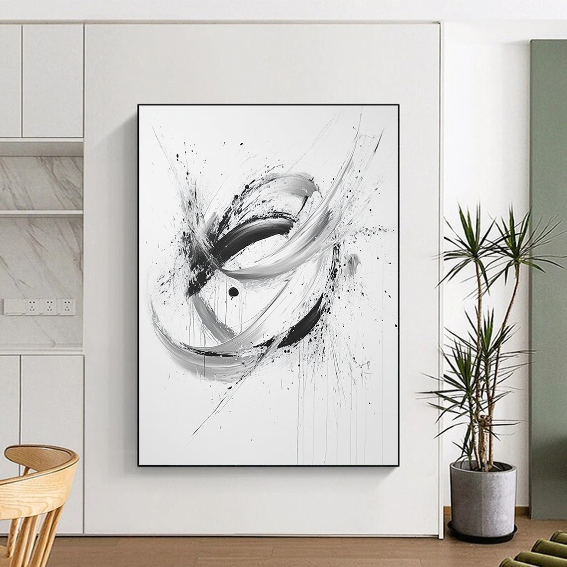 Black, White and Gray Dynamic Swirl "Hybrid Energy" Painting On Canvas HB290
