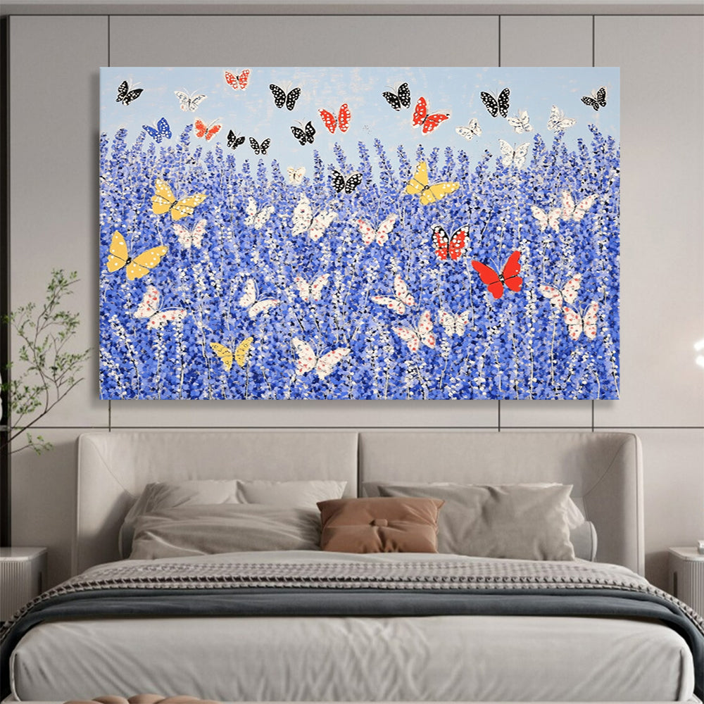 “Butterflies in Blue Field” - Blue, Yellow, Red, Nature Scene with Butterflies - Acrylic Painting HB1654