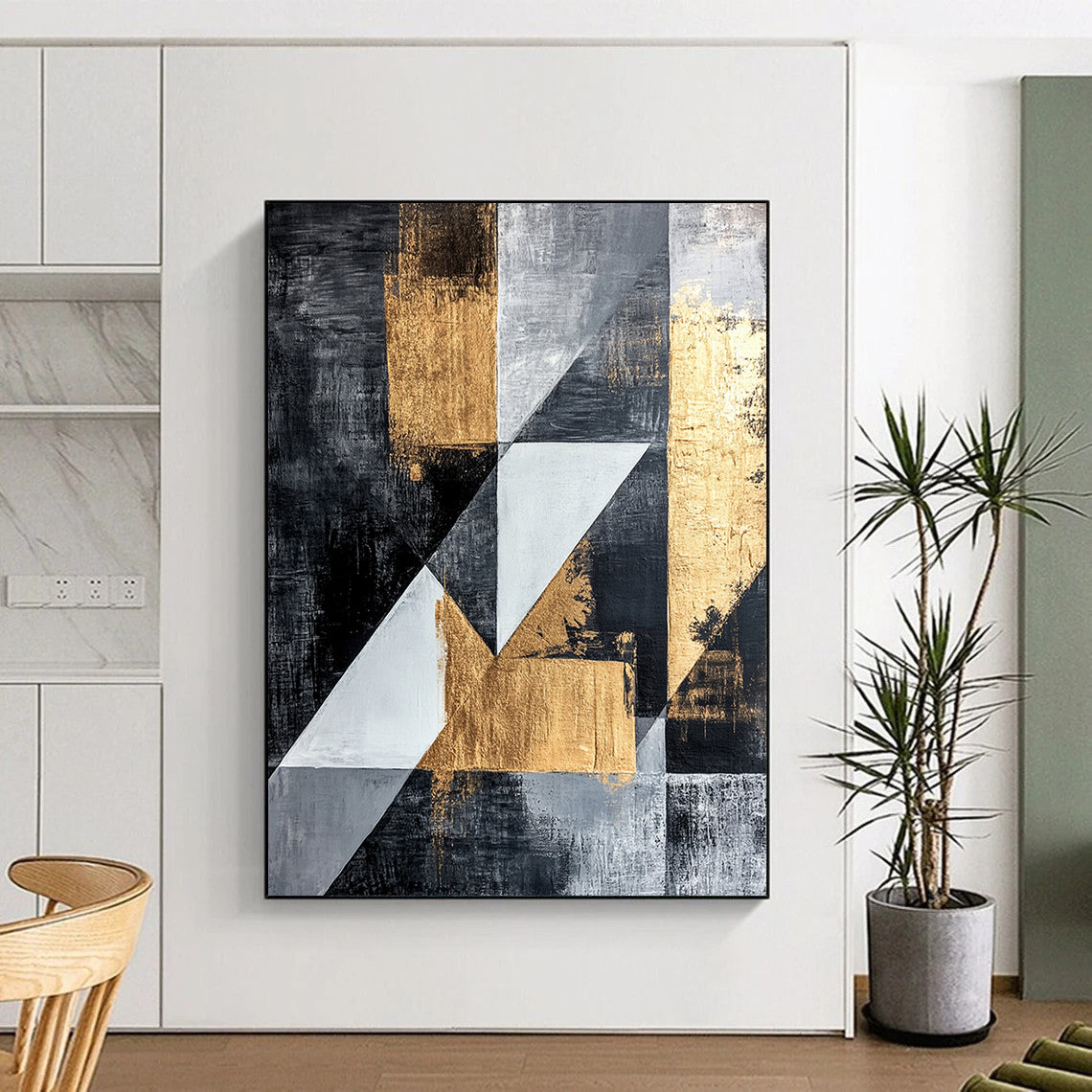 Dark Gray, Gold, Light Gray, White with Angular Shapes "Dynamic Geometry" Abstract Painting On Canvas HB013