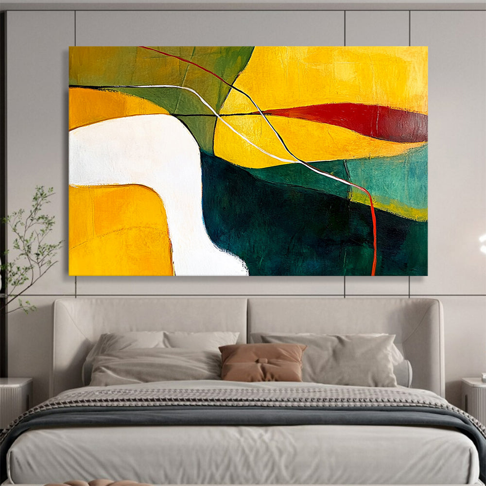 “Colorful Geometric Flow” - Yellow, Green, Red, Geometric Shapes and Lines Painting On Canvas HB0954