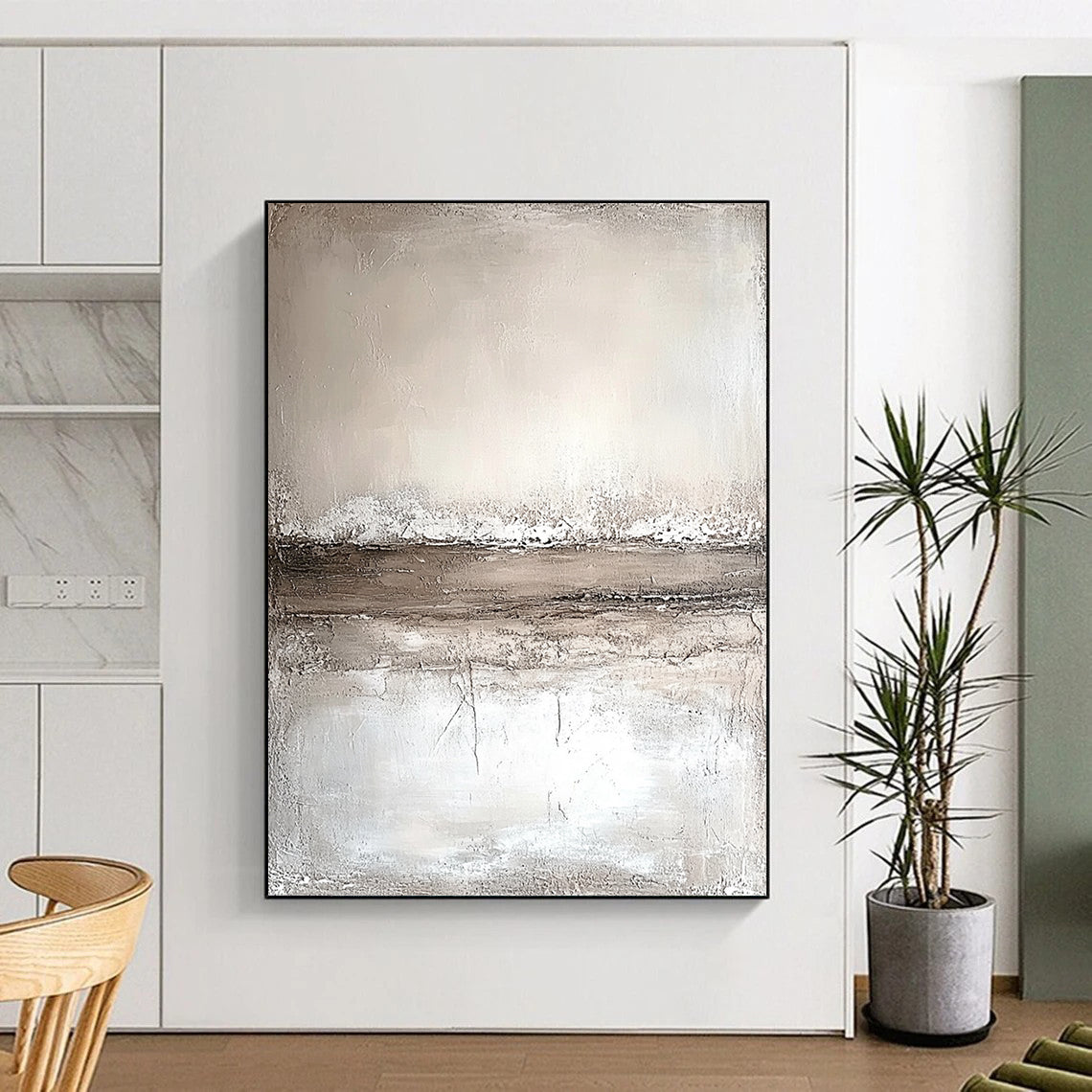 Abstract painting featuring neutral tones in faded beige and white with horizontal lines and a textured background on a large canvas in minimalist style. DLZ0559