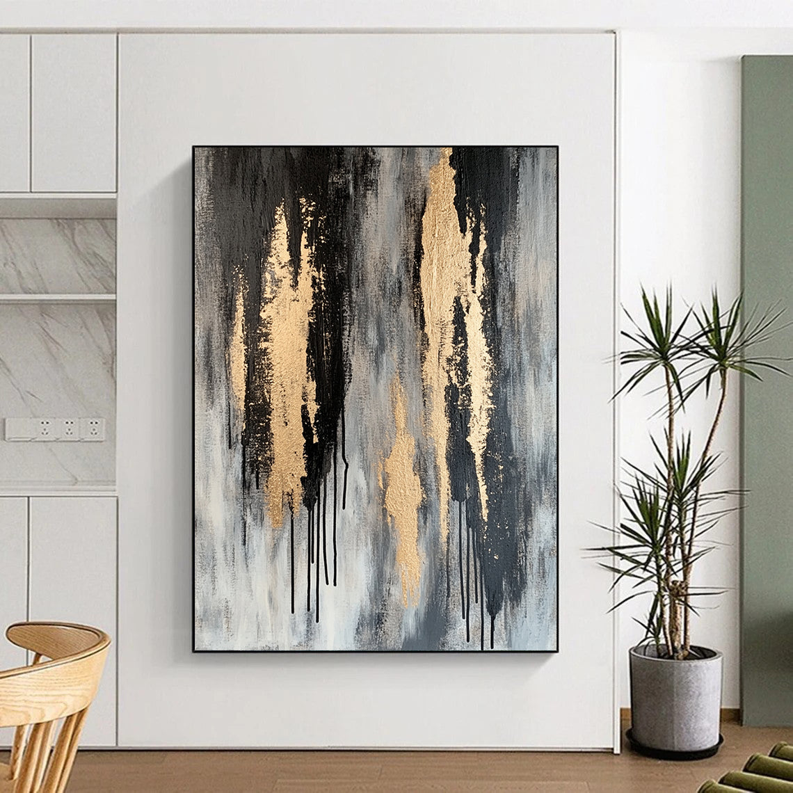 Gray, Black & Gold Dripping Textures - “Urban Gilded Streams” Painting On Canvas HB198