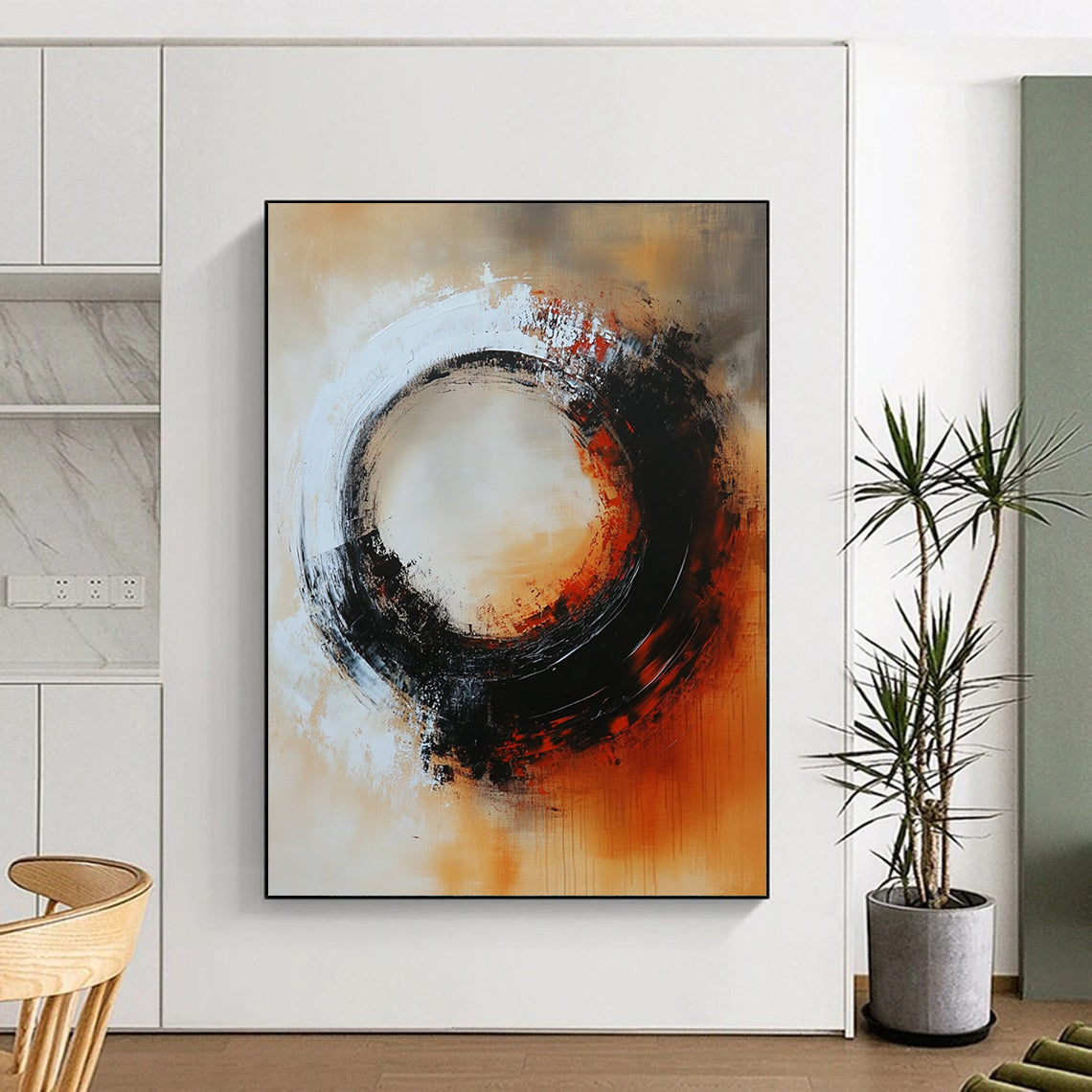 Large contemporary hand-painted abstract artwork featuring a circular composition with warm tones and mysterious elements in dark gray and soft reds. DLZ0702