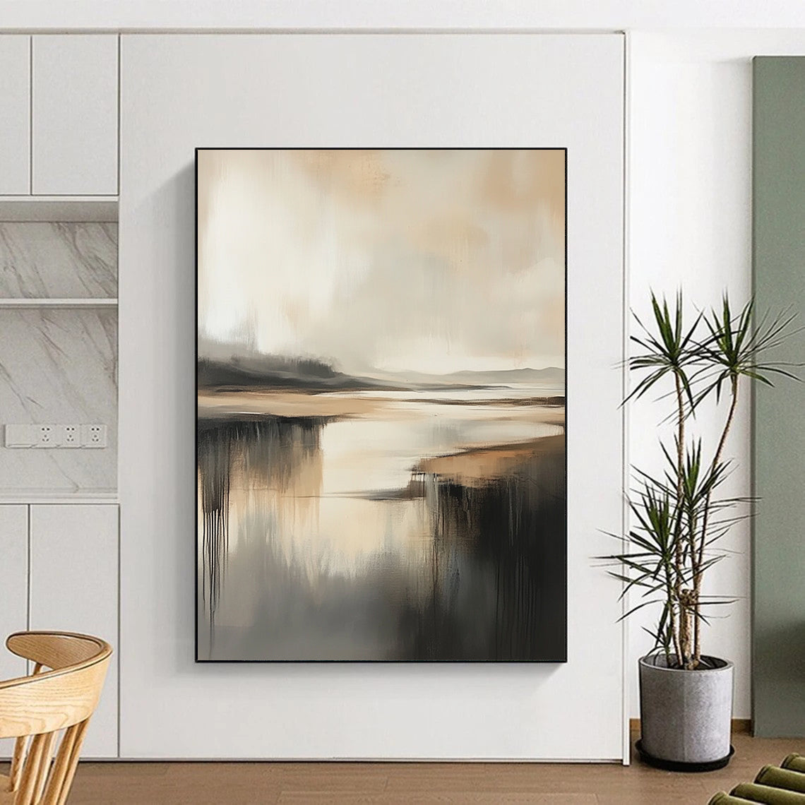 Contemporary abstract painting featuring a misty coastal landscape in neutral tones with rich texture and depth and gentle shadows. DLZ0472