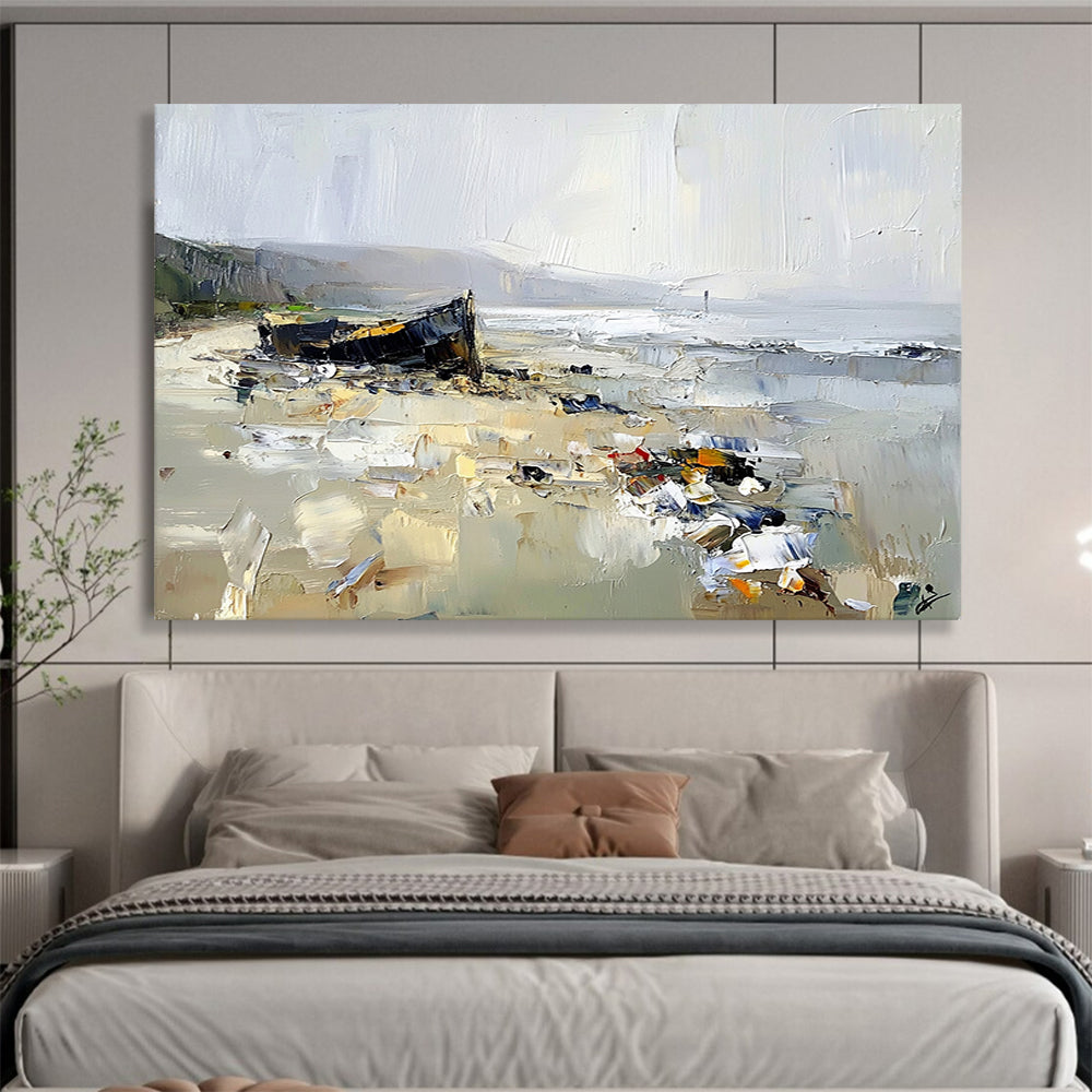 “Beached Boat Impasto Scene” - Browns, Grays, Whites, Boat on Beach - Textured Oil Painting HB1589