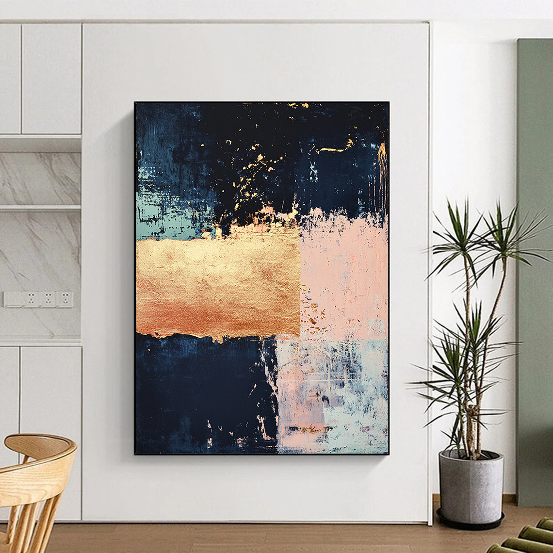Dark Blue, Light Blue, Pink, Gold, Geometric Blocks "Coastal Opulence" Abstract Painting On Canvas HB031