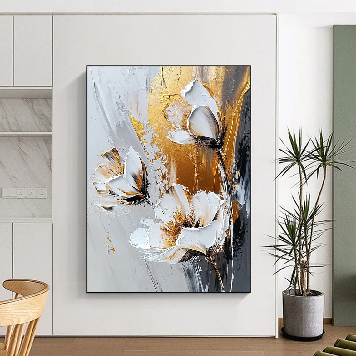 Contemporary abstract artwork featuring gold and white flowers on a grey background with expressive white brush strokes, emphasizing a textured palette knife technique. DLZ0386