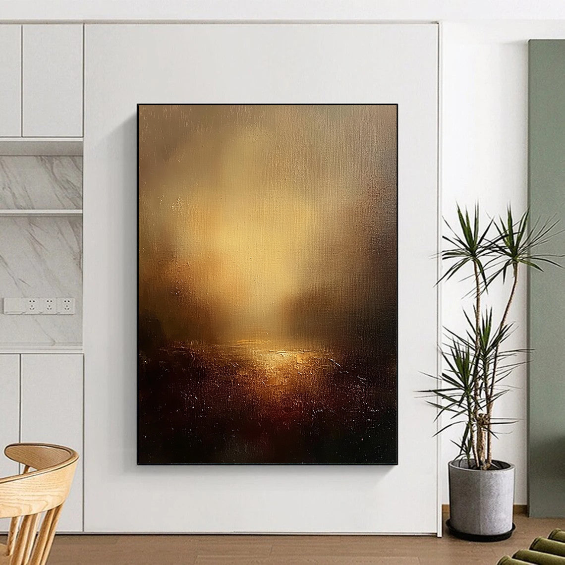 Contemporary abstract painting featuring an ethereal landscape with warm tones golden light and textured canvas against a dark sky backdrop. DLZ0458