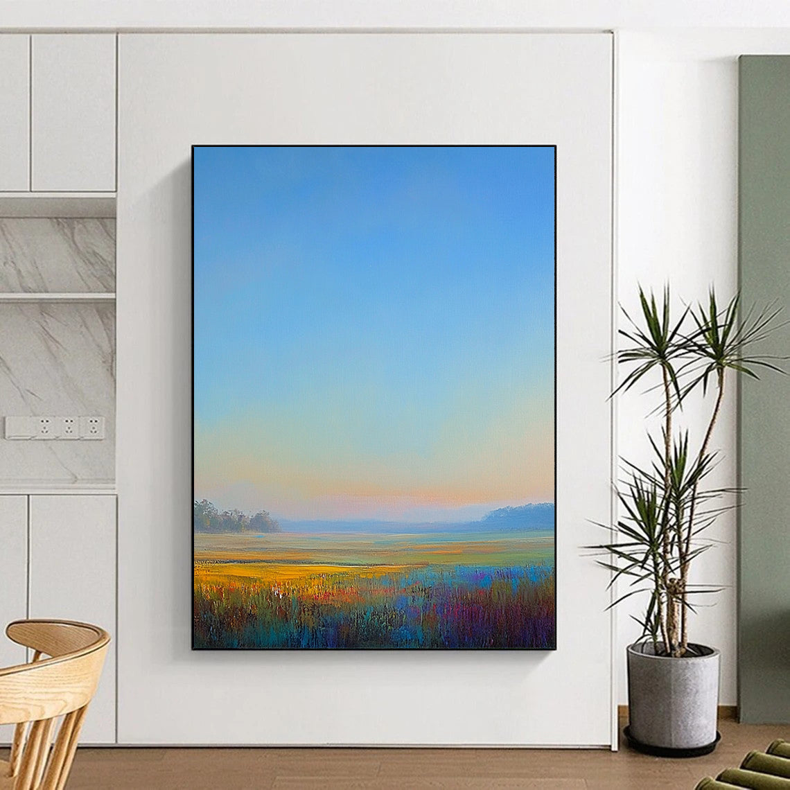 Contemporary hand-painted abstract artwork captures tranquil morning light over a serene landscape with soft hues of blue green pink and yellow. DLZ1488