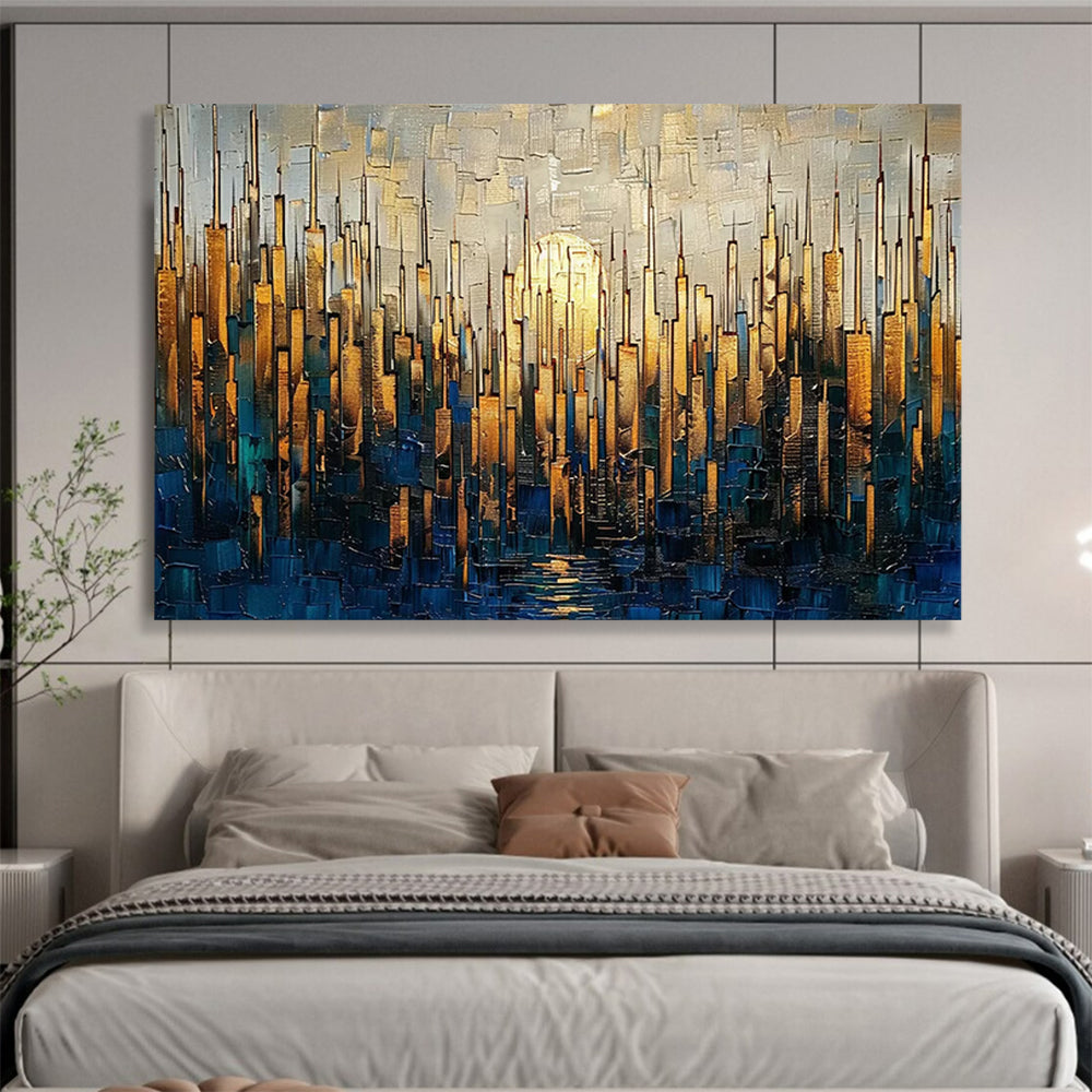 Golden Cityscape with Moon - Oversized Modern Office Art DLZ172