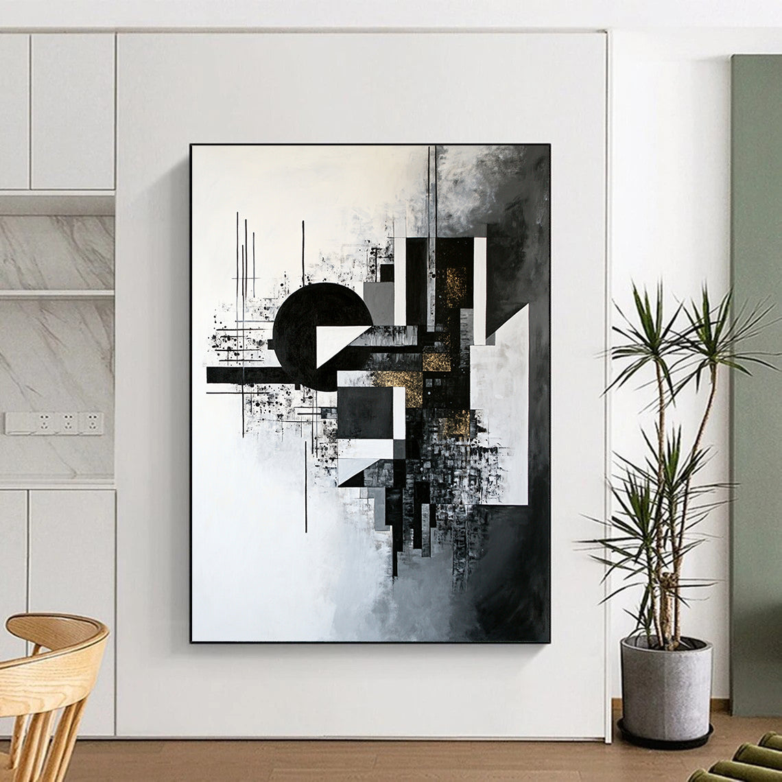 Black, White, Gray and Gold Geometric Abstraction "Gilded Geometry" Painting On Canvas HB318