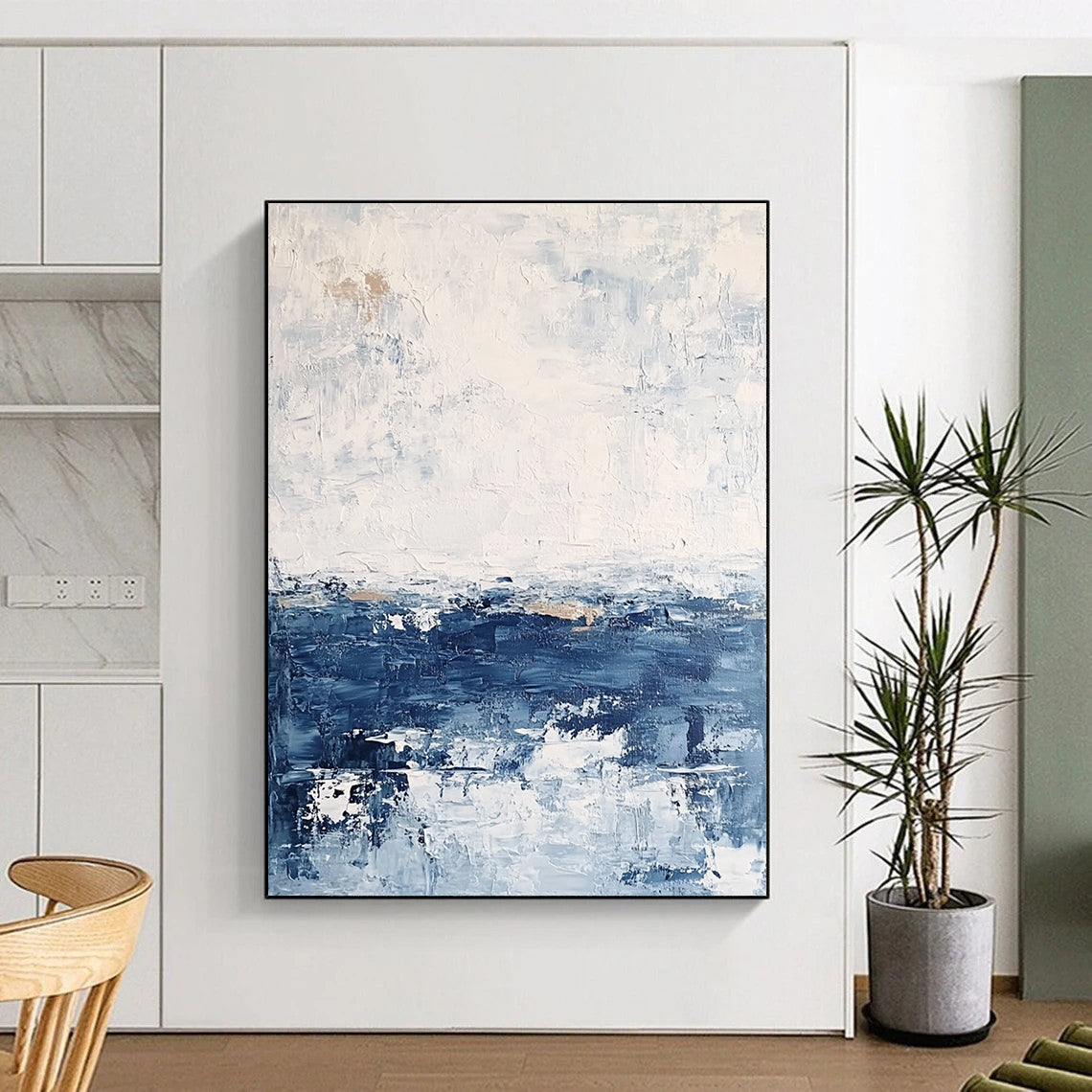 Contemporary abstract artwork featuring textured layers in neutral tones with blue sea and white sky for a minimalist landscape aesthetic. DLZ0364