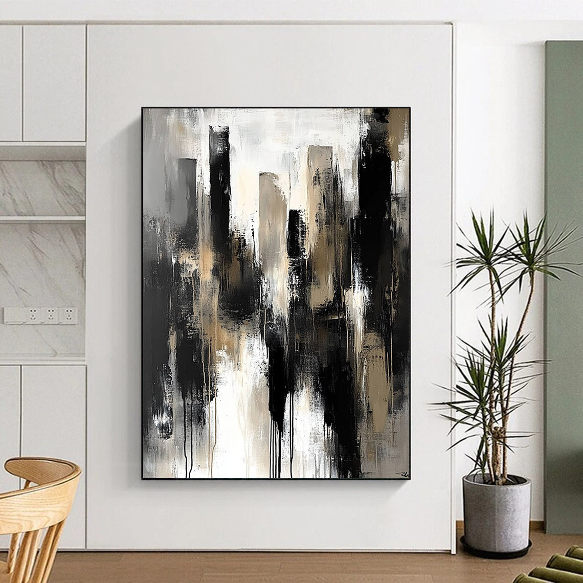Contemporary abstract painting featuring dark gray tones large brush strokes muted neutral colors and a sense of urban melancholy and isolation. DLZ0313