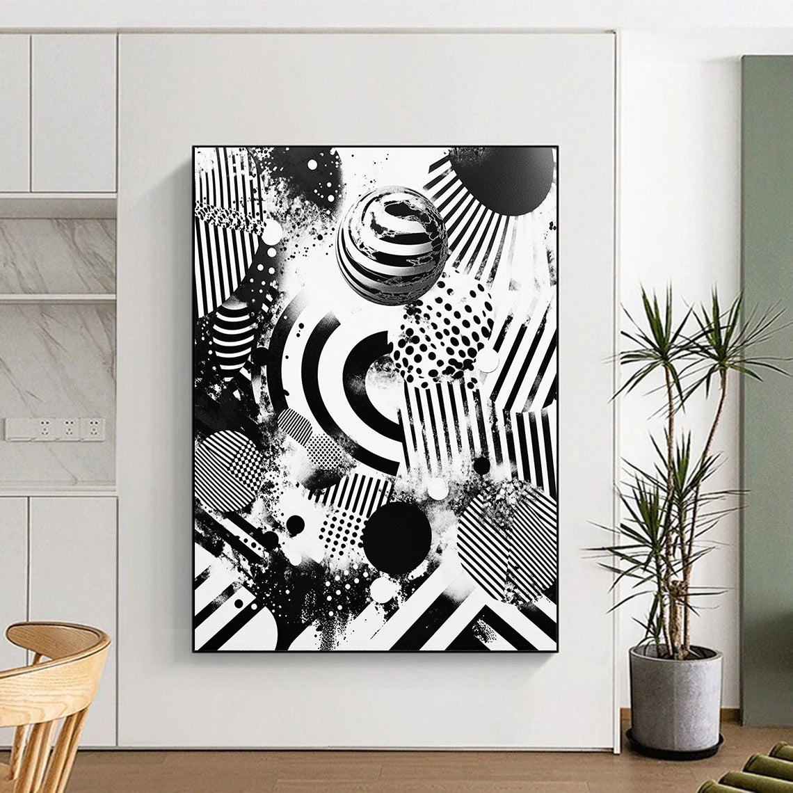 Black and White Mixed Shapes "Chaotic Unity" Painting On Canvas HB270