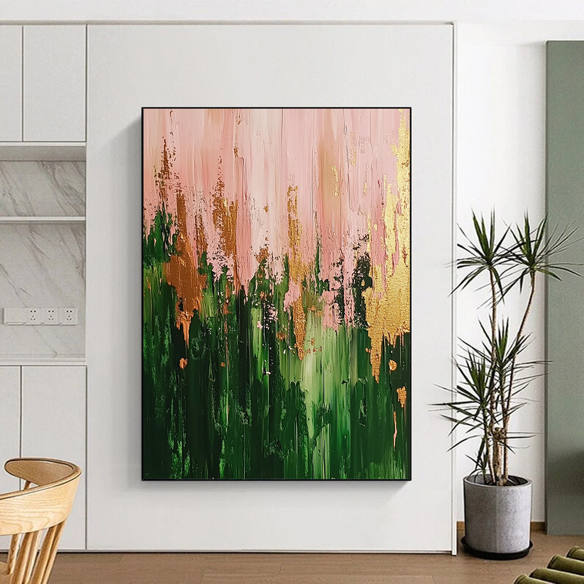 Contemporary abstract artwork featuring a vibrant forest in green and pink hues highlighted with gold accents and dynamic brush strokes. DLZ0904
