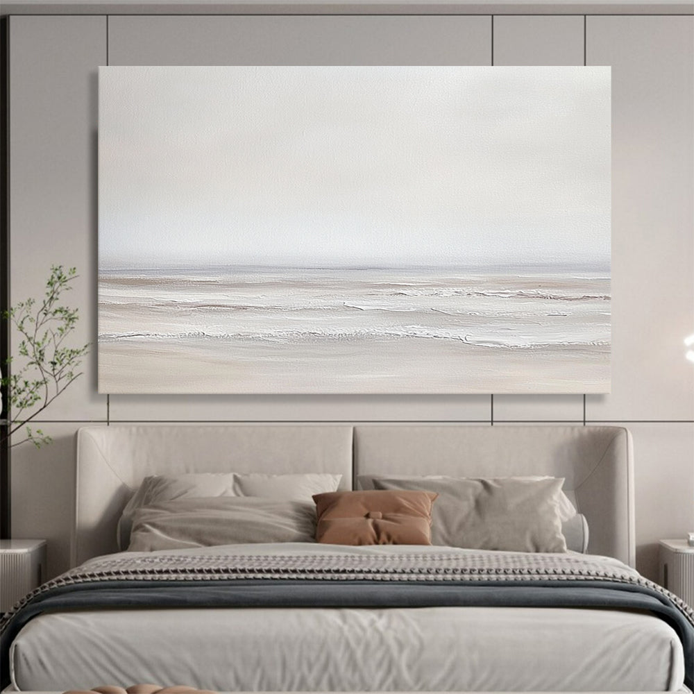 “Soft Gray Seaside” - Gray, white, beige, minimalist, Seascape Painting HB0625