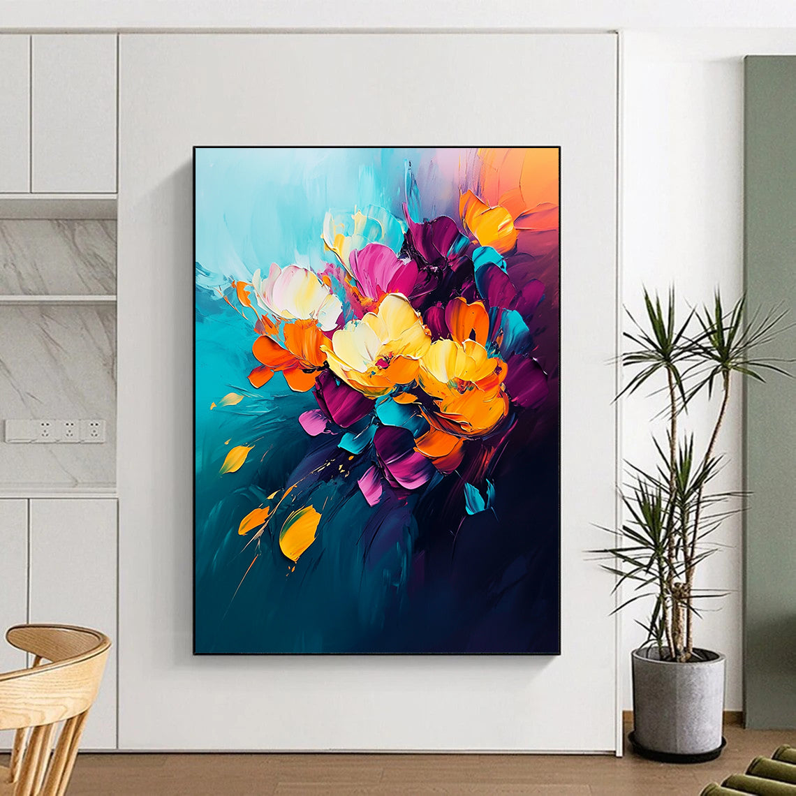 Large contemporary abstract painting featuring vibrant flowers on dark blue background with orange and pink accents soft brush strokes create energetic modern art style. DLZ0619