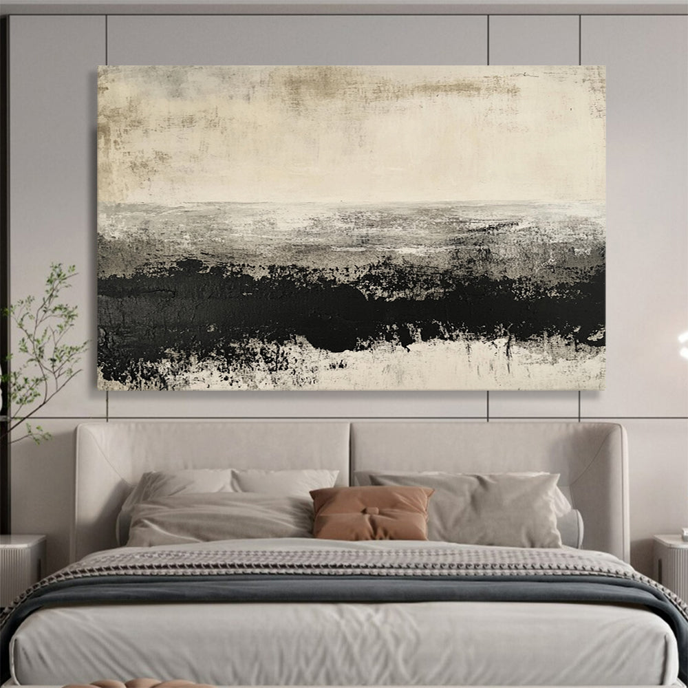 “Grayscale Textured Landscape” - Black, White, Gray, Textured Fields Painting On Canvas HB0800