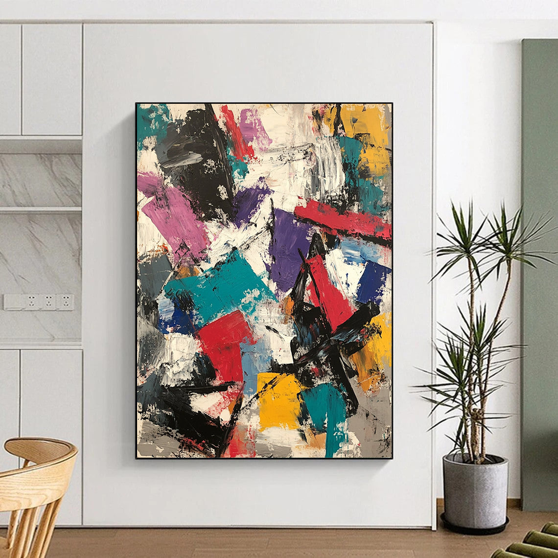 Contemporary hand-painted abstract artwork featuring thick brush strokes, vibrant colors, and layered textures in a dynamic composition. DLZ0930