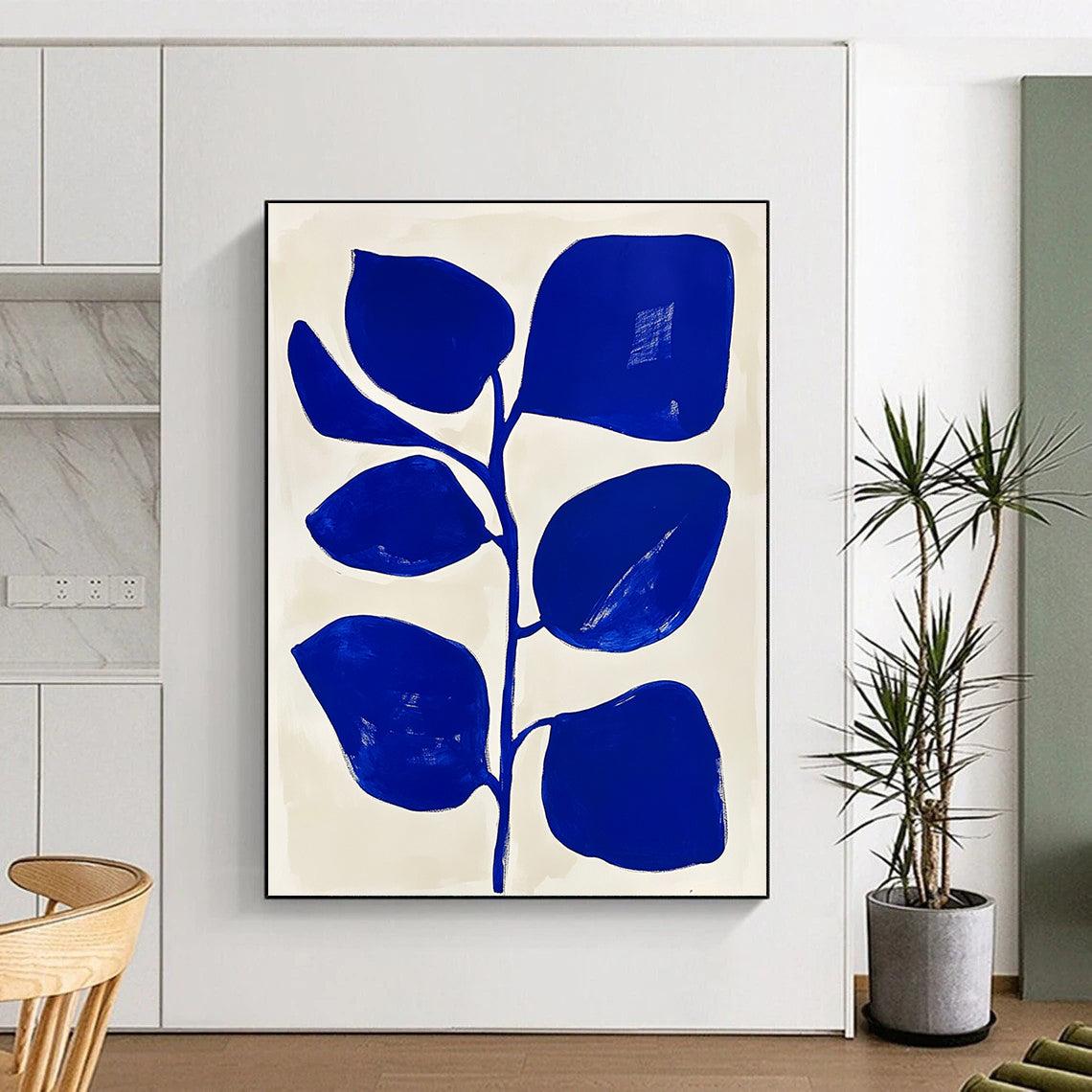 Contemporary hand-painted abstract artwork featuring a blue and white floral design with simple shapes and flat colors in Matisse style. DLZ1153
